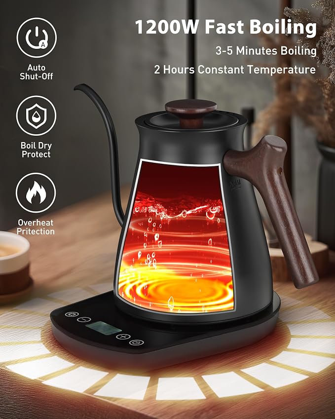 Harriet Gooseneck Electric Kettle, 0.8L, 1°F Control, Brew Timer | 120-Min Keep Warm, 104–203°F Control, Built-In Brew Timer, SUS304 Stainless Steel, Wood-Accent Handle for Pour-Over Coffee
