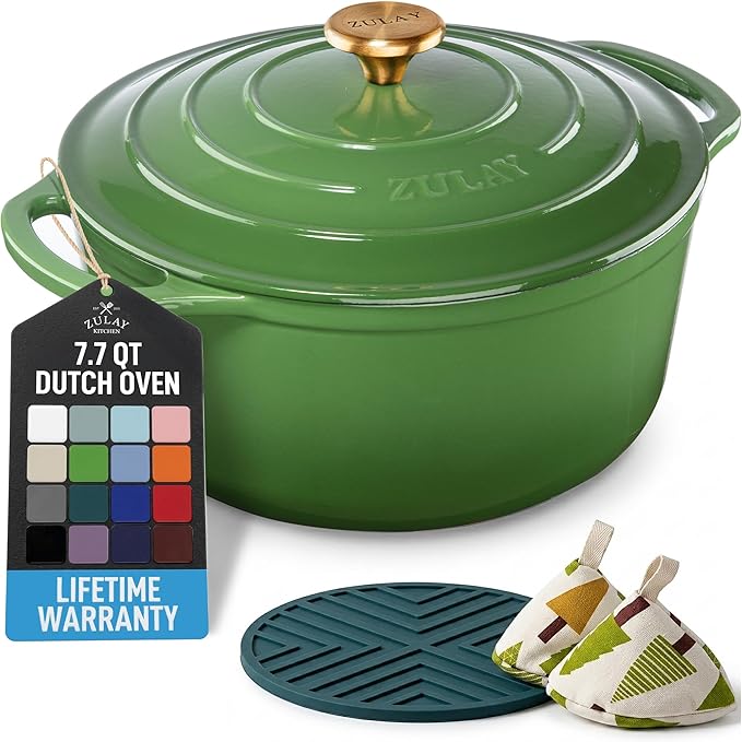Zulay Kitchen 7.7 Quart Enameled Cast Iron Dutch Oven Pot with Lid – Premium Durability & Oven Safe up to 500°F – Heavy Duty Cookware Perfect for Bread Baking, Stews, Braising & Roasting – Green