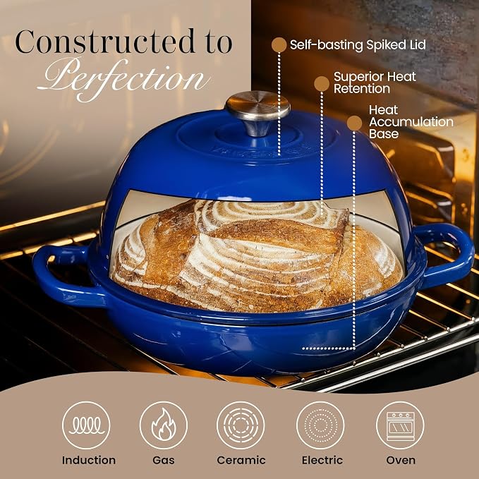 Enamelled Cast Iron Dutch Oven Pot – Dutch Oven For Sourdough Bread Baking – Cast Iron Bread Pot – Dark Blue, 6 Quarts, 26cm – by Nuovva