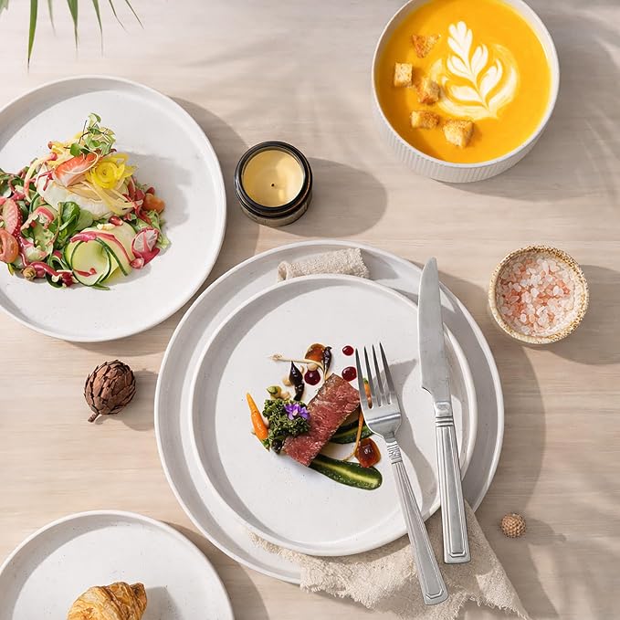 GBHOME Stoneware Dinnerware Sets for 4, 12 Pieces Plates and Bowls Set | Lightweight Ceramic Ribbed Dishes, Reactive Glaze Stackable Plate Set, Scratch Resistant, Microwave & Dishwasher Safe,White