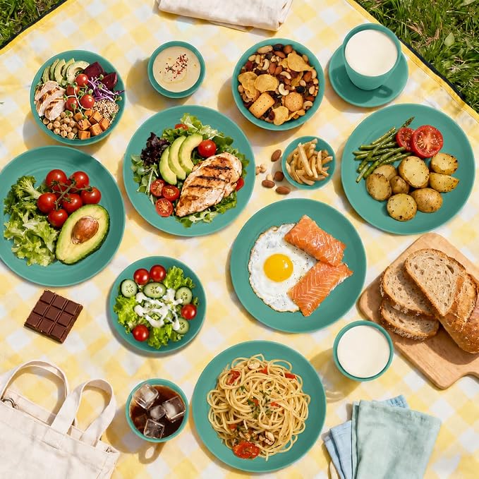 Unbreakable Wheat Straw Dinnerware Set 16 PCS - Kids Plates and Bowls Set for 4,Dishwasher & Microwave Safe Lightweight Toddler Plates and Bowls Set for Party Camping Kitchen - Green