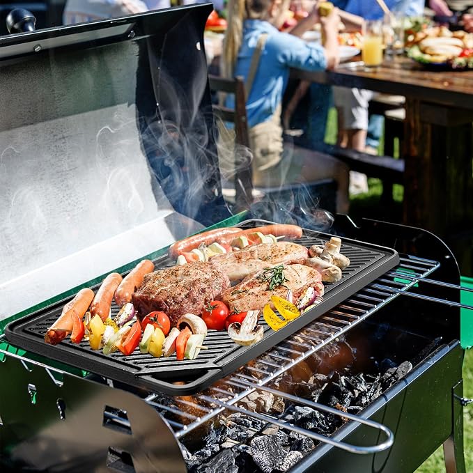 GGC Reversible Cast Iron Griddle, 20 x 10 Rectangular Griddle Pan | Double Sided Griddle Pan Perfect for Gas Grills, Stove Tops and Outdoor Cooking, Baking Flat and Ribbed Griddle Plate