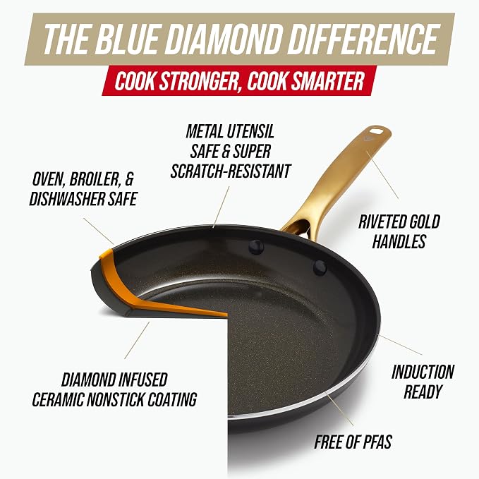 Blue Diamond 14 Piece Induction Nonstick Cookware Set, Diamond Infused PFAS-Free Ceramic Nonstick Pots & Pans, Durable Metal Utensil Safe, Dishwasher Safe, Oven & Broiler to 600F, Black/Gold