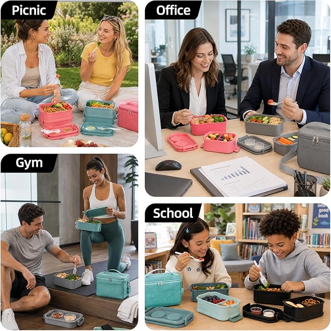 Bento Box Adults Lunch Box - 2130ml Lunch Box for Men with Insulated Lunch Bag, Utensils & Sauce Container, Leak Proof Bento Box for Boys, Reusable Plastic Lunch Containers for Work, Meal Prep, Black
