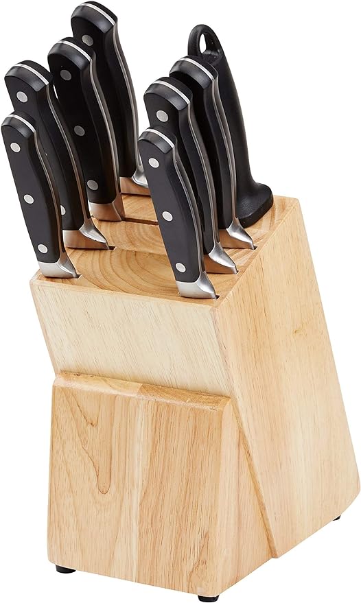 Amazon Basics 9-Piece High-Carbon Stainless Steel Kitchen Knife Set with Ergonomic Handles, Full Tang Construction, Pine Wood Block, Black