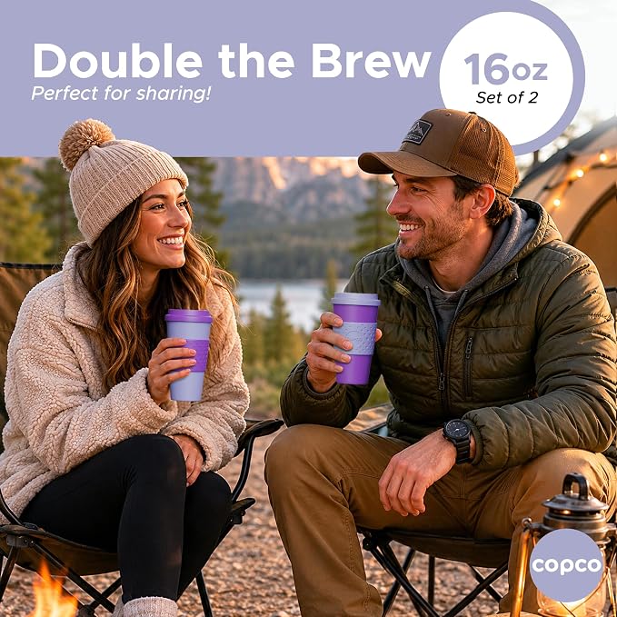 Copco Acadia Travel Mug, 16 Oz - Purple & Light Purple, Set of 2 | Reusable Double Wall Insulated Cup with Spill-Resistant Lid, Non-Slip Grip, Fits Car Cup Holders, Microwave & Dishwasher Safe