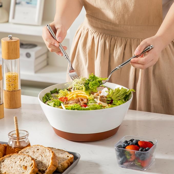 MALACASA Serving Bowls, 105oz Large Salad Bowls for Party, Entertaining | Big Ceramic Bowls for Soup, Fruit and Pho, 2-Pc Wide Bowl Set, Microwave & Dishwasher Safe, White & Brown, Series TARA