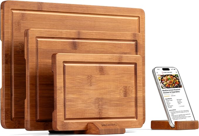 JINGNING Deep-Carbonized Bamboo Cutting Board Set for Kitchen with Wood Storage Stand, Deep Juice Grooves, Easy-Grip Handles & Non-Slip Pads, Premium Kitchen Gift