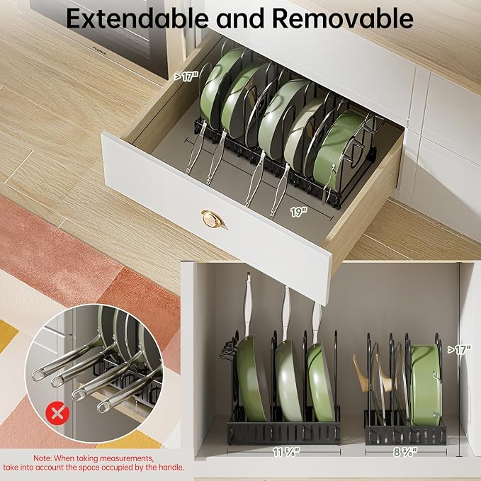 MUDEELA 8-Tier Adjustable Pots and Pans Organizer Rack under Cabinet, Blcak | Adjustable pot rack expands 11.65" to 19". Holds pots, pans and lids. 3 DIY installation methods. Fits kitchen pantry cabinet