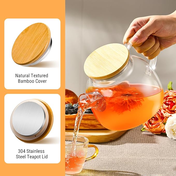 PARACITY Glass Tea Kettle Stovetop, Clear Glass Teapot with Infuser, 34oz | Transparent borosilicate tea maker has removable 18/8 stainless steel infuser and bamboo lid for loose leaf or blooming tea