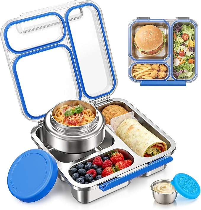 Pawtong Stainless Steel Bento Box Kids Adult with 7oz Insulated Food Jar, Transparent Lid Metal Lunch Box With Soup Thermal Jar, Lunch Box Container with Removable Divider & Sauce Cup School (Blue)
