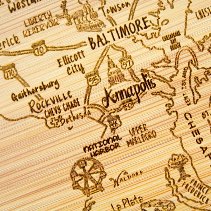 Totally Bamboo A Slice of Life Maryland Engraved Map Cutting Board | 11” x 8.75” charcuterie board with engraved state map artwork. Smooth reverse side for food prep. Hang tie for wall display.