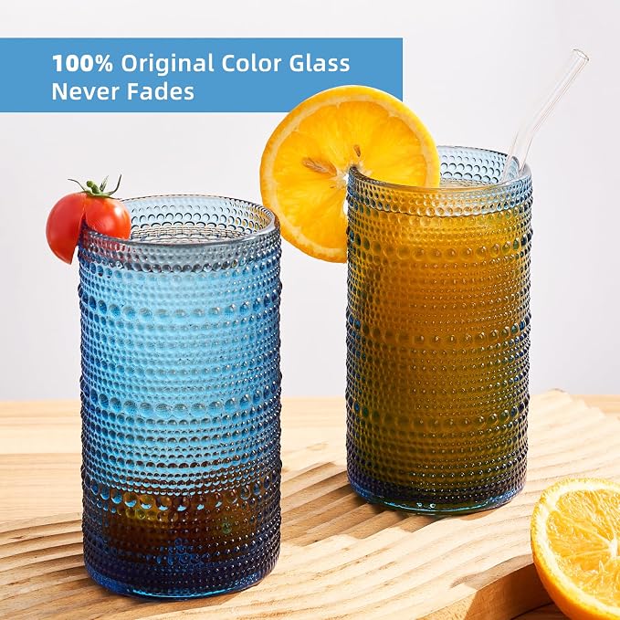 16oz Hobnail Drinking Glasses, Set of 6 Blue Tumblers | Vintage embossed large capacity highball glasses for water, cocktail, beer, whiskey, juice and bar use