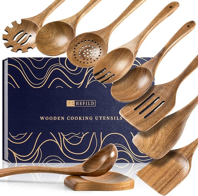 Wooden Spoons for Cooking, 10-Piece Acacia Wood Utensil Gift Set | Spoons and spatulas stir, mix, flip and serve; gift-ready box makes it ideal for housewarmings, weddings and new kitchens.
