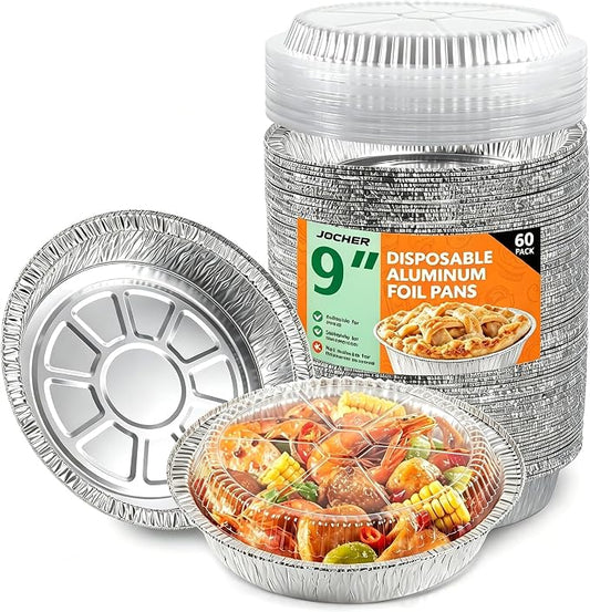 60 Pack 9” Round Aluminum Pans with Clear Lids, Disposable Foil Pie Pans with Lids, Pie Tins Disposable, Freezer & Oven Safe for Storing, Baking, Meal Prep & Reheating