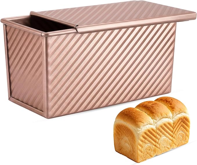 Pullman Loaf Pan with Lid, Aluminized Steel 1 Lb Nonstick Sandwich Bread Pan for Homemade Bread, 8.4x4.8 Inch Professional Rectangular Loaf Pan with Dough Scraper and Cutter