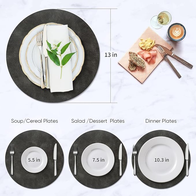 ADRIMER Placemats, Heat Resistant Round Placemats Set of 6 Washable, Waterproof Table Mats, Wipeable Faux Leather Place Mats for Kitchen, Dining Room, Dark Grey
