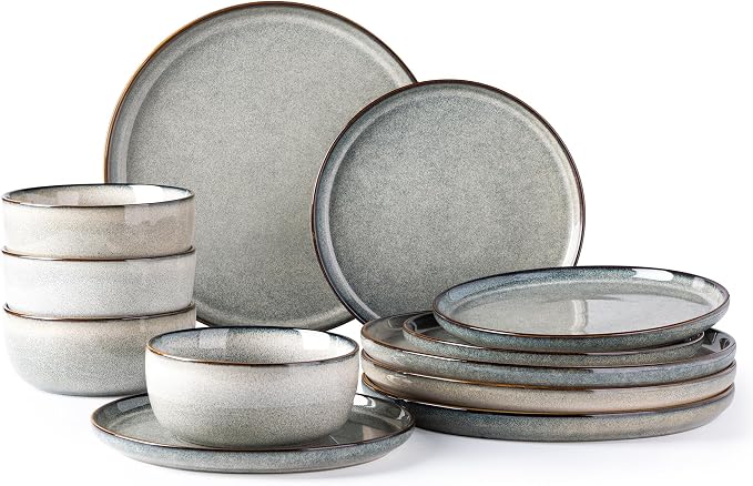 GBHOME Dinnerware Sets for 4, 12 Pieces Ceramic Plates and Bowls Set | Scratch Resistant Stoneware Dishes Set, Dishwasher & Microwave Safe, Reactive Glaze-Green Wheat