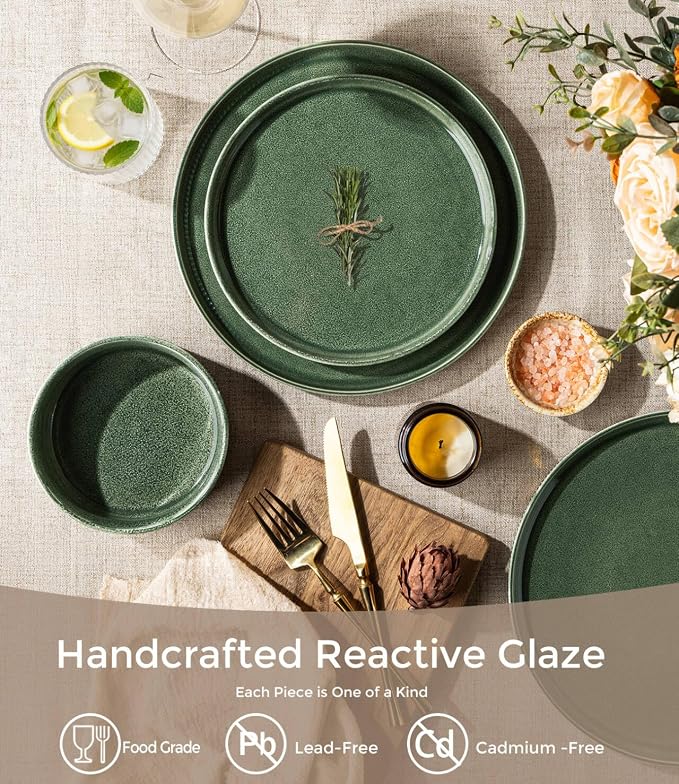 GBHOME Stoneware Dinnerware Sets for 4,16-Piece Plates and Bowls Set | Handmade Reactive Glaze Ceramic Dish Set, Scratch Resistant, Dishwasher&Microwave Safe,Dark Green