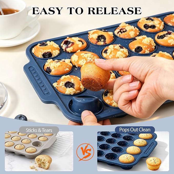 Silicone Muffin Pans for Baking with Metal Reinforced Frame | Nonstick 24-Cup Mini Size Cupcake Tray for Egg Bites, Muffins & Cupcakes, Dishwasher Safe, Titan Blue, Set of 2