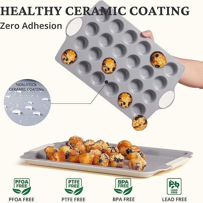 BRONYPRO Ceramic Mini Muffin Pan, 24-Cup Nonstick Aluminized Steel Mini Cupcake Pans, Healthy Non-Toxic Ceramic Coating Muffin Tin, 2 Pack Cup Cake Pans for Baking Cream
