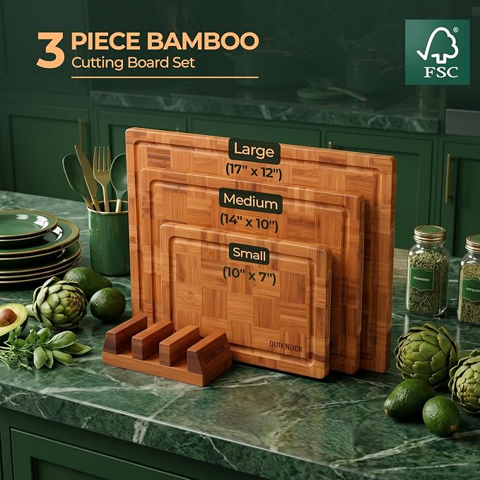 Pack of 3 Pre-Oiled Bamboo Cutting Board Set with Holder | Extra Thick End Grain Bamboo Wooden Cutting Board for kitchen with Deep Juice Grooves | Non Toxic Chopping Board Set with Build-in Handles