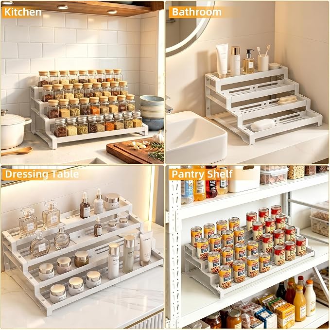 Spice Rack Organizer for Cabinet, 13-21.5" Expandable Spicy Shelf | 11.6" Depth 4-Tier White Metal Seasoning Organizer, Kitchen Spice Organization, Slip-Resistant Guardrails for Jars and Cans