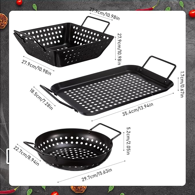 3 Pack Grill Topper Pans for Outdoor Grill, Stainless Steel Vegetables BBQ Grilling Basket with Holes Handles, Nonstick Barbecue Pan Grilling Gifts for Camping Picnic Cooking Seafood Meat