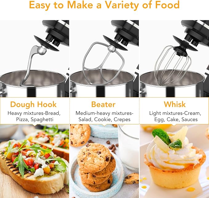 7.5 Qt Stand Food Mixer for Home Cooks, 660W Tilt-Head Electric Kitchen Mixer with 10 Speeds, Stainless Steel Bowl & Attachments for Baking and Dough Hook, Whisk, Beater, Splash Guard, Black