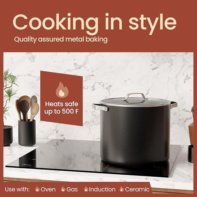 Bakken 16 Quart Ceramic Coated Stock Pot with Lid, Easy Clean Nonstick Pot, Tempered Glass Lid, Riveted Stainless Steel Handles, Oven Safe Up To 500°F, PTFE & PFAS Free, All Stove Compatible, Black
