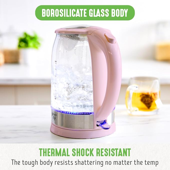 GreenLife 1.7 Liter Electric Glass Kettle, Pink | Glass Body, Auto Shutoff, Thermal Shock Resistant, Quick Heating, Easy One Touch Use, Cordless Serving, LED Base, Coffee/ Tea