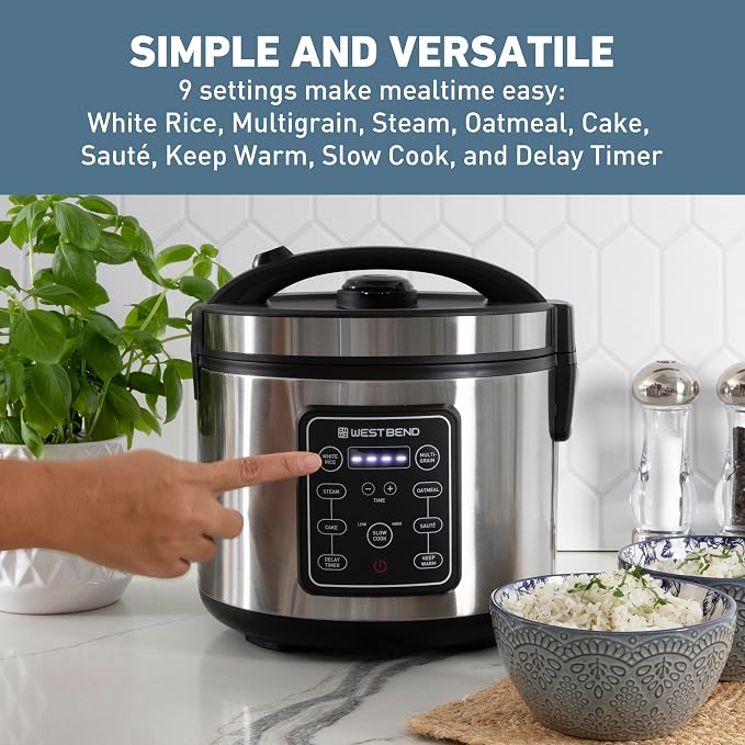 West Bend Rice & Grain Multi Cooker Programmable with 9 Preset Functions, Features Delay Start and Keep Warm Functions and Steam Basket, 20 Cups Cooked (10 cups uncooked), Stainless Steel