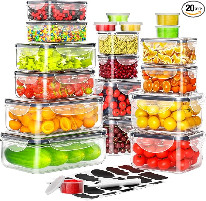 40 PCS Food Storage Containers with Lids Airtight (20 Containers & 20 Lids), Plastic Storage Meal Prep Container-Stackable 100% Leakproof & Microwave Organization and Storage Sets, Lunch Containers