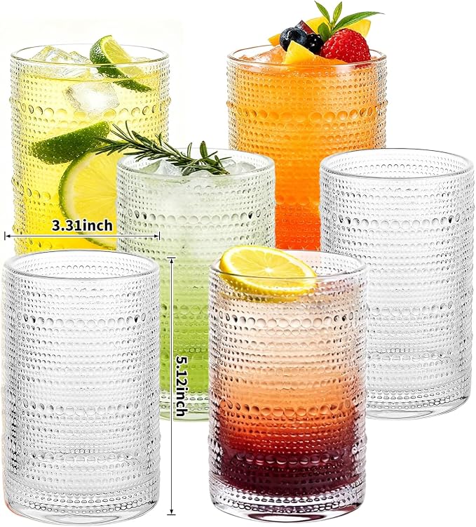 Vintage Hobnail Drinking Glasses Set of 6, 16 Oz Glass Cups with Embossed Retro Design, Clear Glass Tumblers Water Glasses for Kitchen, Cocktail, Beer, Juice, Whiskey, Milk and Everyday Drinks