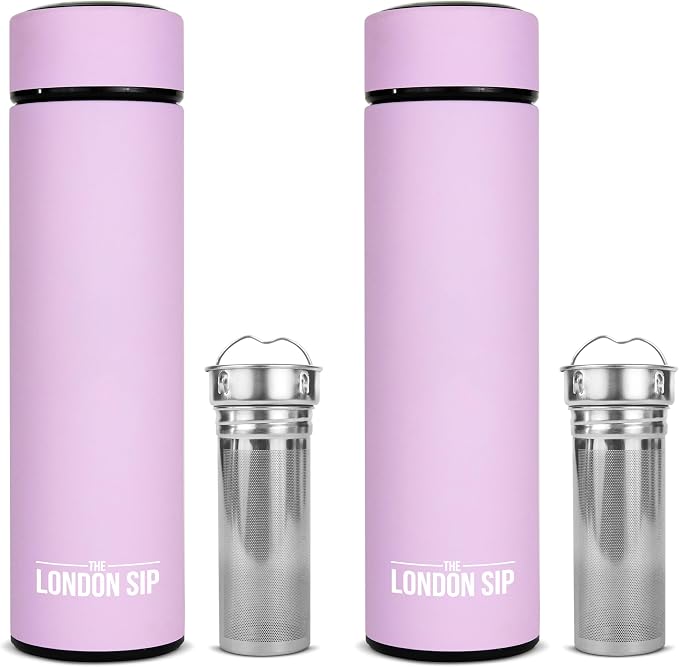 The London Sip Multi-Purpose Travel Mug and Tumbler Fruit Infused Flask Hot and Cold Double Wall Stainless Steel Thermos with Extra-Long Infuser, Gentle Lilac, Pack of 2