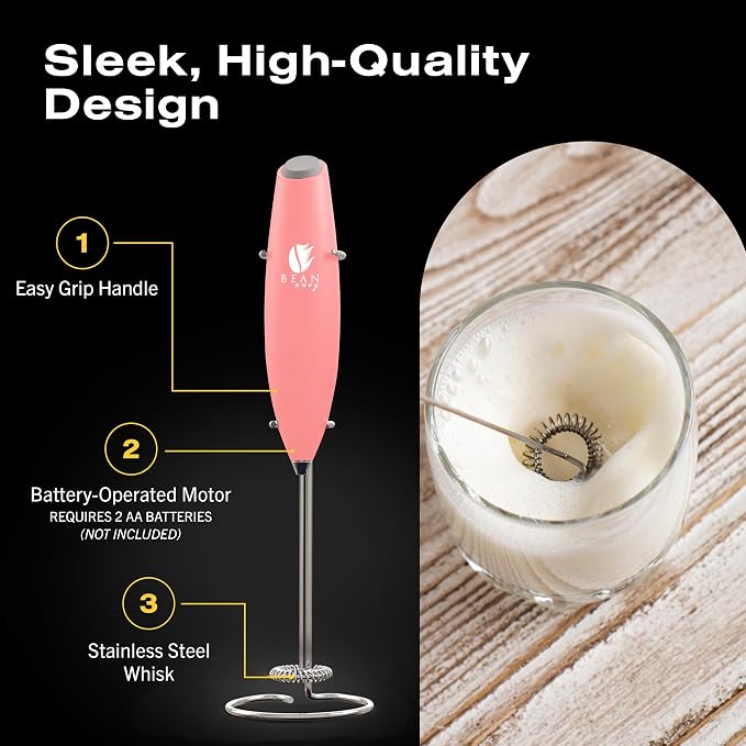 Bean Envy Milk Frother Handheld - Coffee Mixer Wand with Stand - Rose Pink | Battery Operated, Stainless Steel Whisk, 19000 RPM, Protein Powder Blender, Electric Stirrer, Mini Foamer
