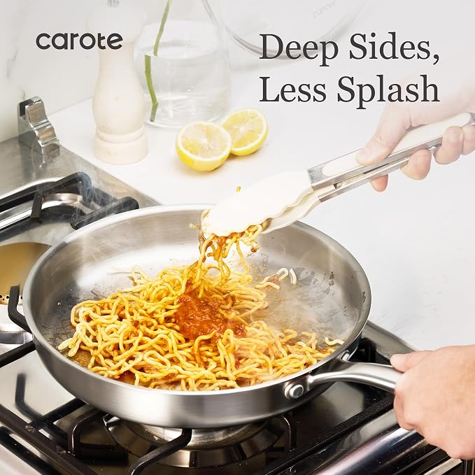 CAROTE 3-Piece Tri-Ply Stainless Steel Frying Pan Set, Skillet Set 8"/10"/12", Induction Compatible, Oven & Dishwasher Safe, Silver Handle