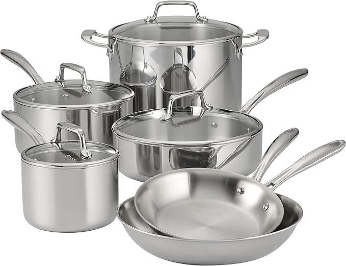 Tramontina Boston Tri-Ply Clad Stainless Steel 10-Pc Pots and Pans Set | Cookware Kitchen Set with Glass Lids, Induction-Ready, Dishwasher-Safe, NSF-Certified