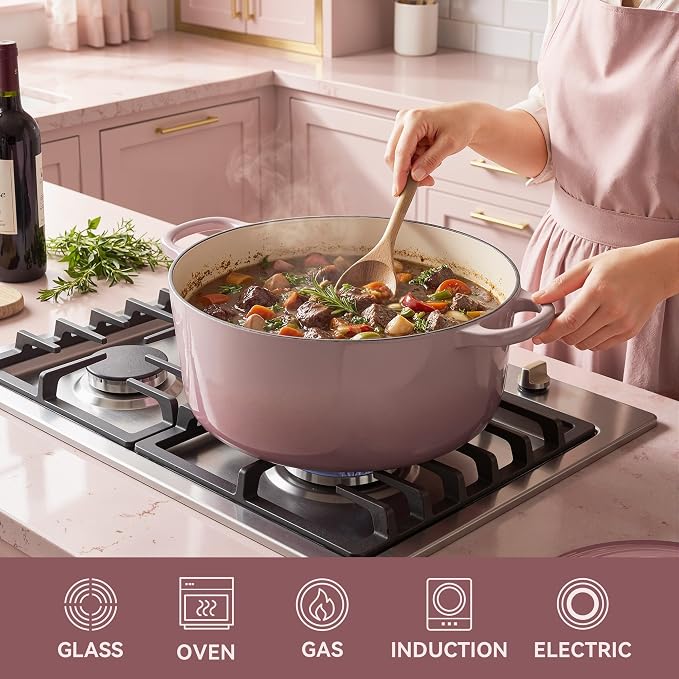 Vintage Style 4.5 Quart Dutch Oven Pot with Lid, Non Stick Enameled Cast Iron Dutch Oven for Bread Baking, Heavy-Duty, Oven Safe Ceramic Cookware Up to 500°F for Baking, Braising, Stews, Roasting, Pink