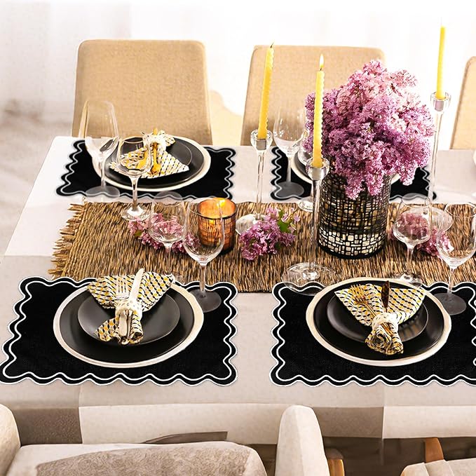 Whaline Black White Linen Placemats Embroidered Scalloped Kitchen Place Mats for Birthday Party Home Dining Table Decor, Set of 6, 13 x 19 in