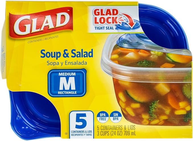 Glad GladWare Medium Rectangle Food Storage Containers, 24 Oz, 5 Count | Airtight, leak-resistant containers for soups, salads, and meal prep; microwave, dishwasher, and freezer safe