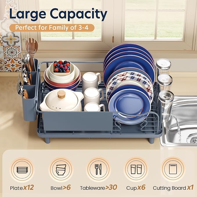 KINGRACK Dish Drying Rack for Kitchen Counter, Dish Drainer with Cup Holder | 16.9"L x 12.4" W Dish Rack with Spacious Drying Capacity, Quick Auto Dish Drainer for Plate Dish Dinnerware, Blue