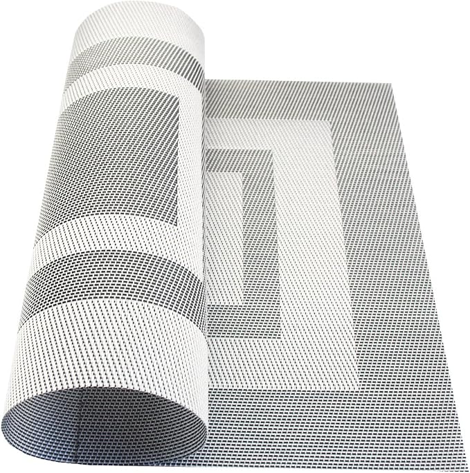 PIGCHCY Placemats Set of 12 Washable Durable Place Mats Vinyl Heat Resistant Non-Slip Table Mats Indoor Outdoor (18 x 12 inches, Silver Black)