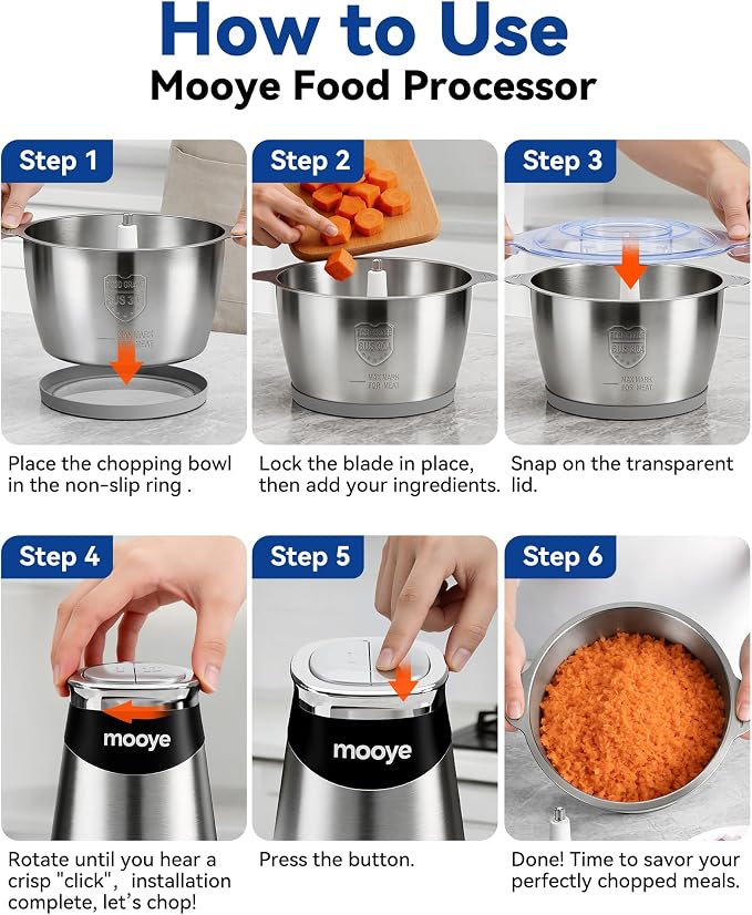 Food Processor Electric Food Chopper with Meat Grinder & Vegetable Chopper - 3 Bowls(8Cup+8Cup+3Cup) with Powerful Copper Motor - Includes 3 Sets of Bi-Level Blades for Fruits/Meat/Nuts