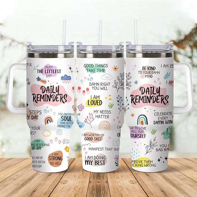 Gossby Daily Reminders Tumbler for Women, 30oz Stainless Steel with Handle | Daily Affirmations For Women, Inspirational Cup, Motivational Mental Health Gift For Friends, Nurse, Coworker, Birthday Gifts