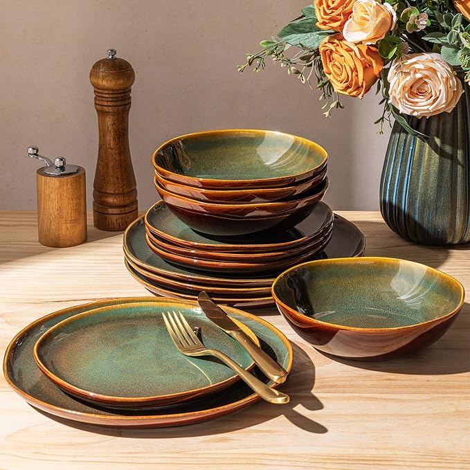 GBHOME Stoneware Dinnerware Sets for 4,12 Piece Rustic Plates and Bowls Set | Earthenware Handmade Reactive Glaze Plate Sets, Chip Resistant Ceramic Dishes, Microwave & Dishwasher Safe, Olive Maroon