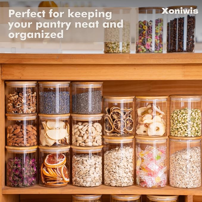 6-Pack 1Qt Round Glass Storage Jars with Bamboo Lids | Minimalist Kitchen Organizer,Pantry Storage Container,Food Storage Container,Scandinavian Style Storage,Nordic Style Storage