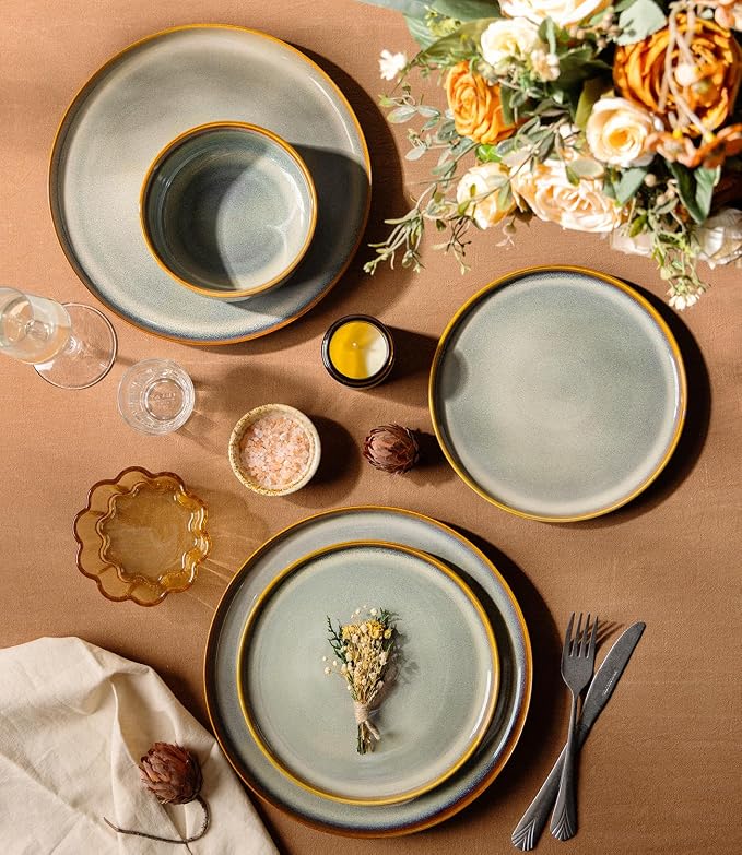 Ceramic Dinnerware Set for 4, 12-Piece Plates and Bowls Set | Handmade Reactive Glaze Dish Set, Scratch Resistant, Oven & Microwave & Dishwasher Safe, Dusk Blue