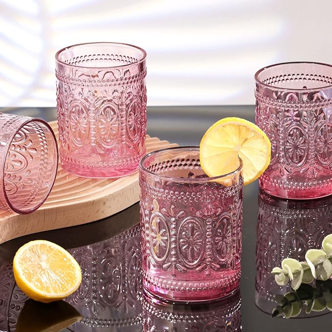 Darlion Vintage Glassware, Pink Drinking Glasses, 10oz Pink Glass Cups | Food Grade Glass, Lead-Free Glass, Durable&Sturdy, Vintage Decoration