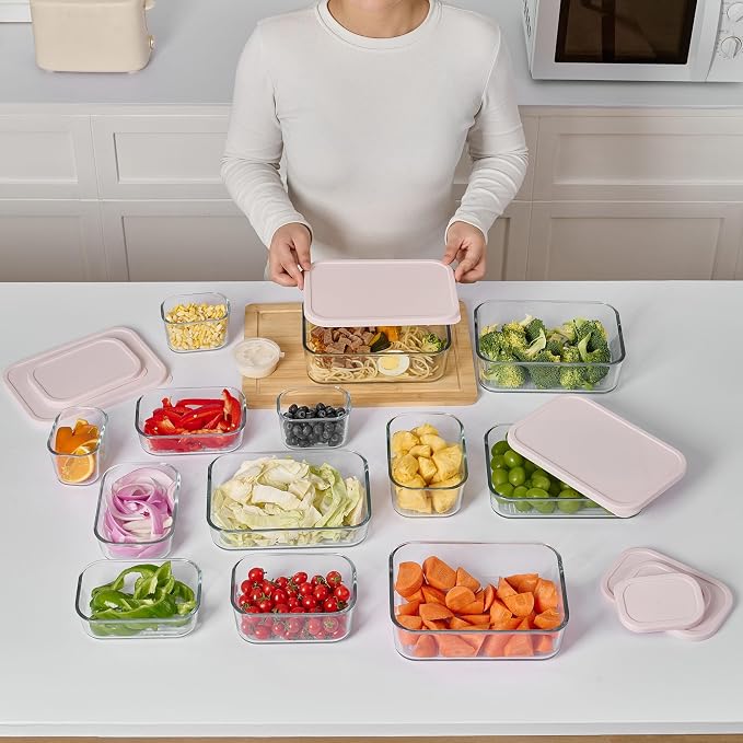 Glass Food Storage Containers with Lids — 8 Piece — 57.5 oz Glass with BPA-Free Leakproof Stackable Lids — Microwave, Oven & Dishwasher Safe — Ideal for Meal Prep & More - Berry Blush